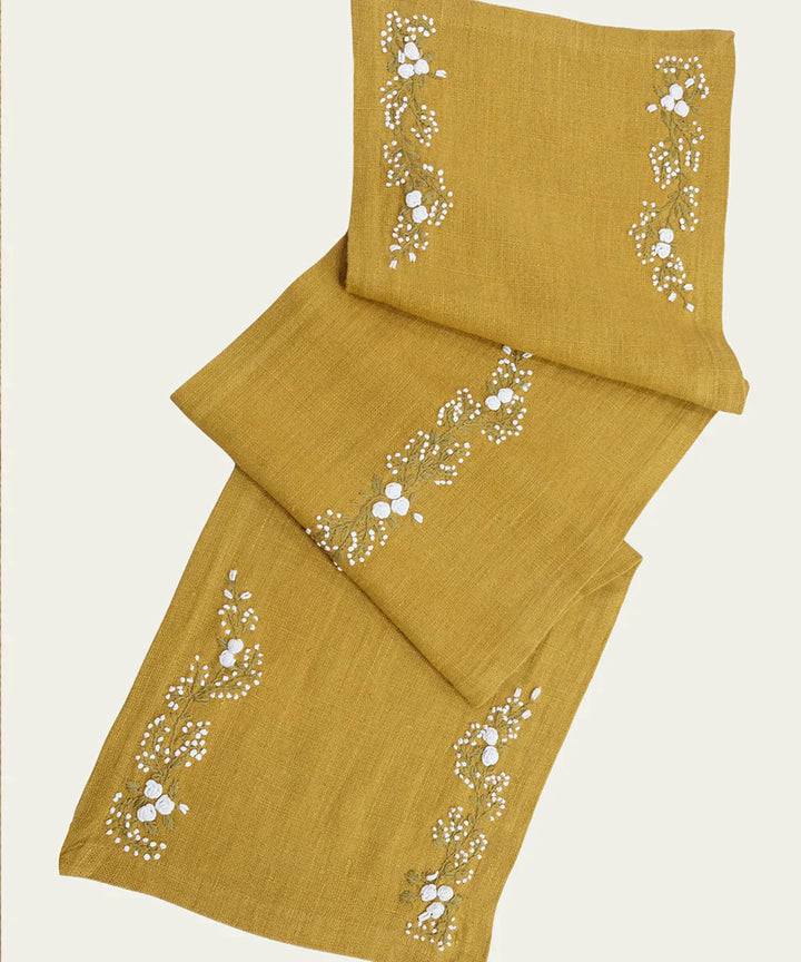 4 Seater Mustard Hand Emb Pure Linen Table Runner