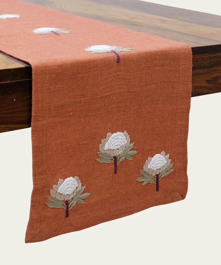 13"x50"  4 Seater Rustic Brown Hand Embroidered Pure Linen Table Runner