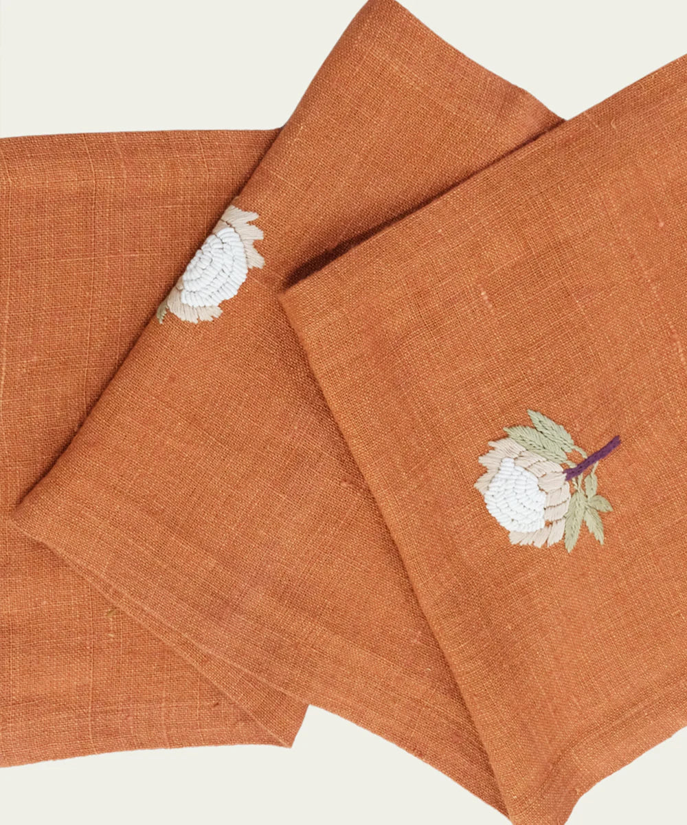 13"x50"  4 Seater Rustic Brown Hand Embroidered Pure Linen Table Runner