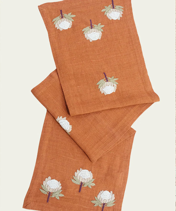 13"x50"  4 Seater Rustic Brown Hand Embroidered Pure Linen Table Runner
