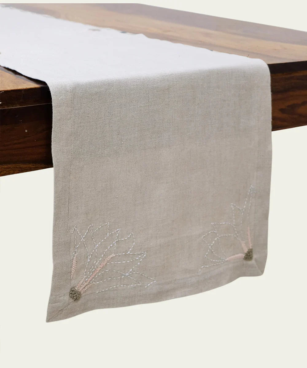 4 Seater Natural Hand Emb Pure Linen Table Runner | SHOBITAM