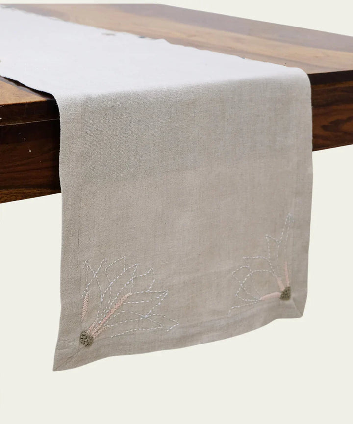4 Seater Natural Hand Emb Pure Linen Table Runner | SHOBITAM