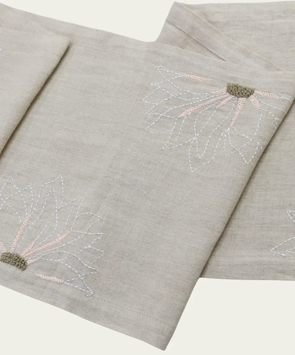 4 Seater Natural Hand Emb Pure Linen Table Runner | SHOBITAM