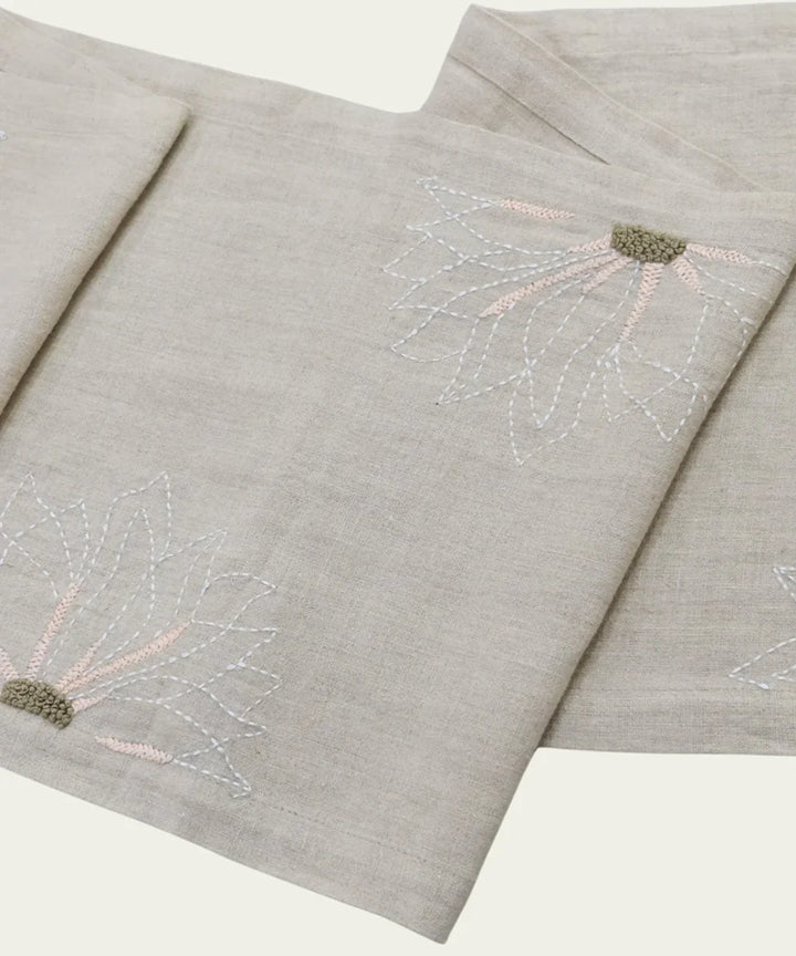 4 Seater Natural Hand Emb Pure Linen Table Runner | SHOBITAM