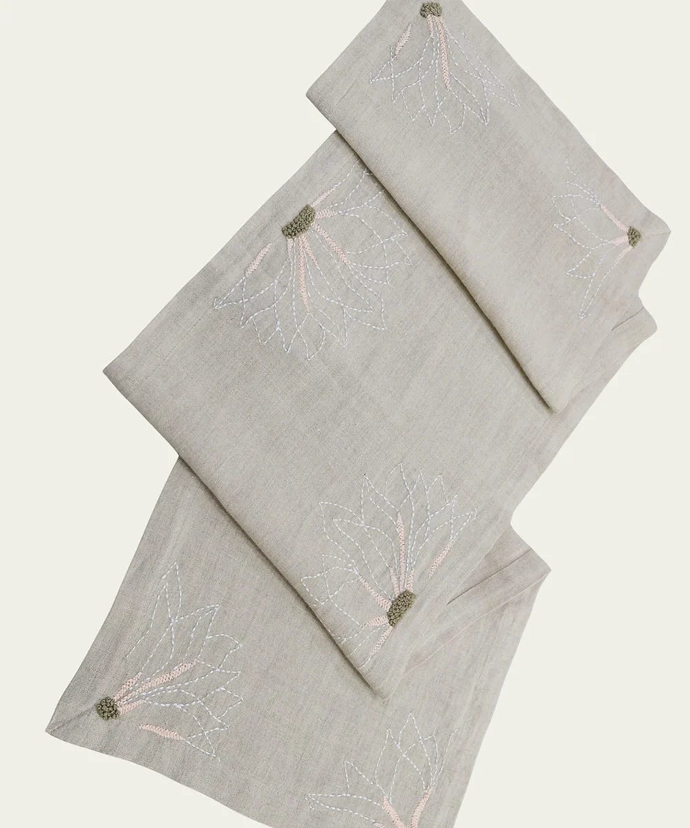 4 Seater Natural Hand Emb Pure Linen Table Runner | SHOBITAM