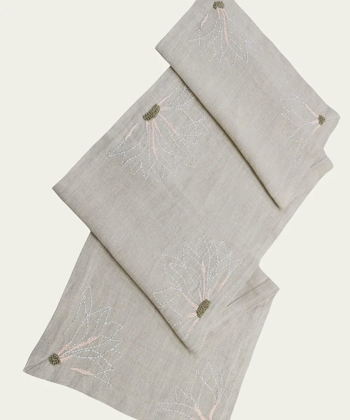 4 Seater Natural Hand Emb Pure Linen Table Runner | SHOBITAM