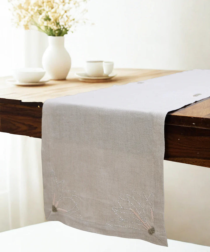 4 Seater Natural Hand Emb Pure Linen Table Runner | SHOBITAM
