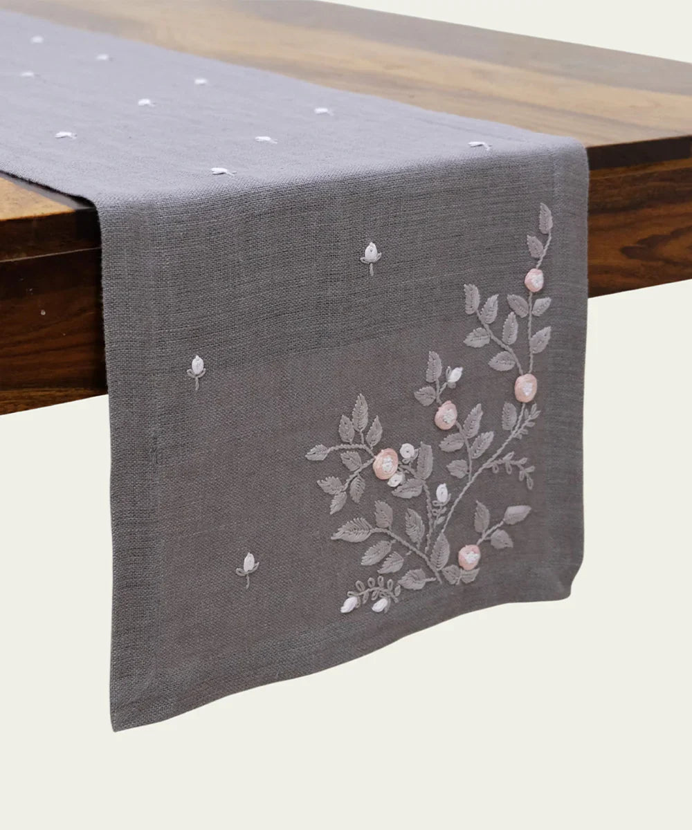 Set of Grey Hand Embroidered Pure Linen 6 seater Table Runner & 6 pcs Table Mats | SHOBITAM