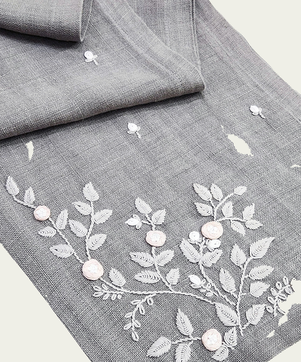 13"x85"  6 Seater Gray Hand Embroidered Pure Linen Dining Table Runner
