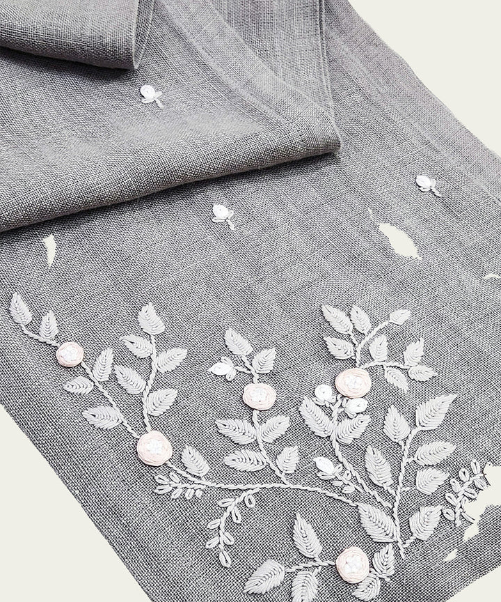 13"x85"  6 Seater Gray Hand Embroidered Pure Linen Dining Table Runner