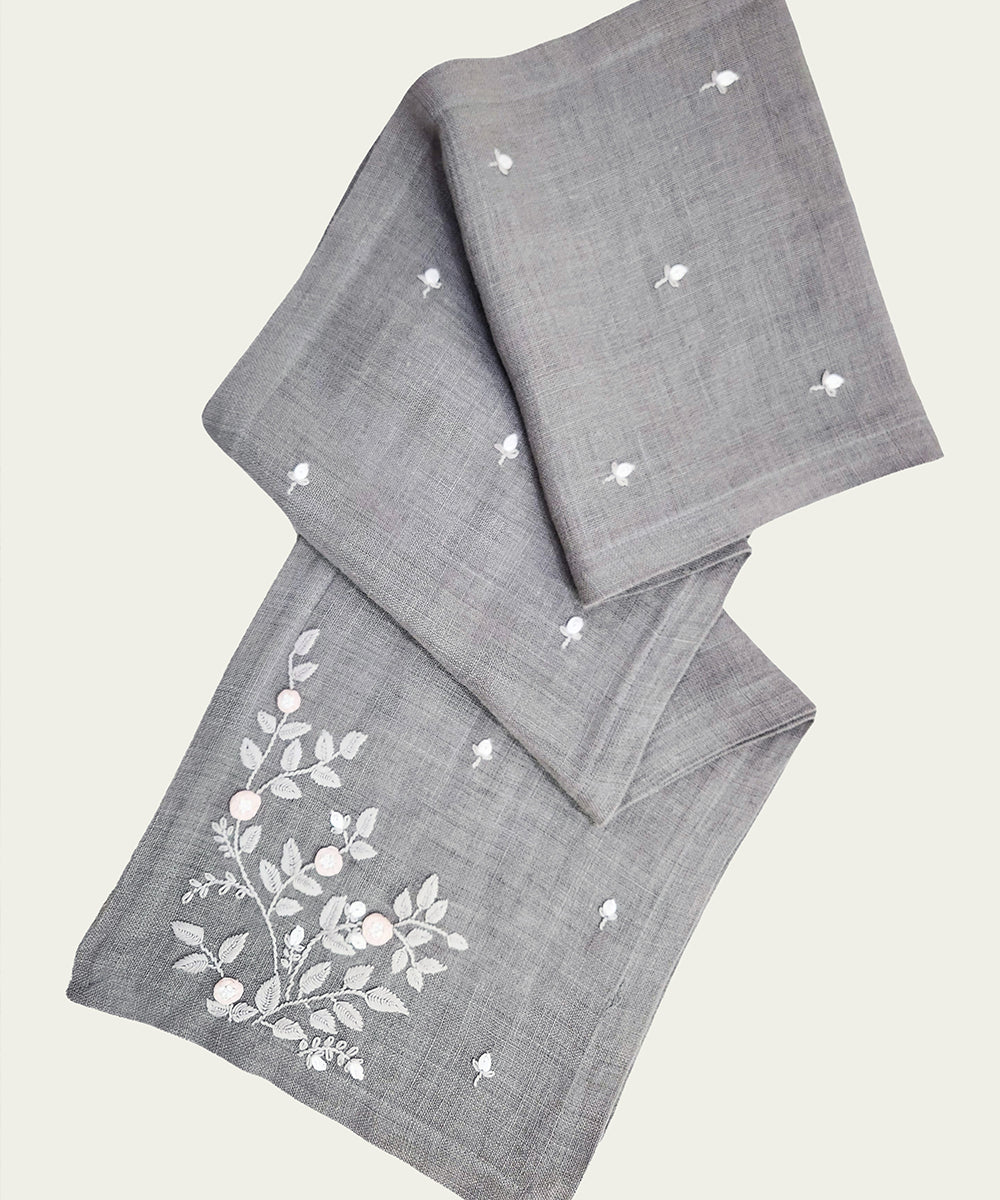 Set of Grey Hand Embroidered Pure Linen 6 seater Table Runner & 6 pcs Table Mats | SHOBITAM