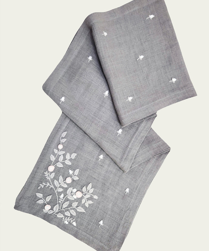 Set of Grey Hand Embroidered Pure Linen 6 seater Table Runner & 6 pcs Table Mats | SHOBITAM
