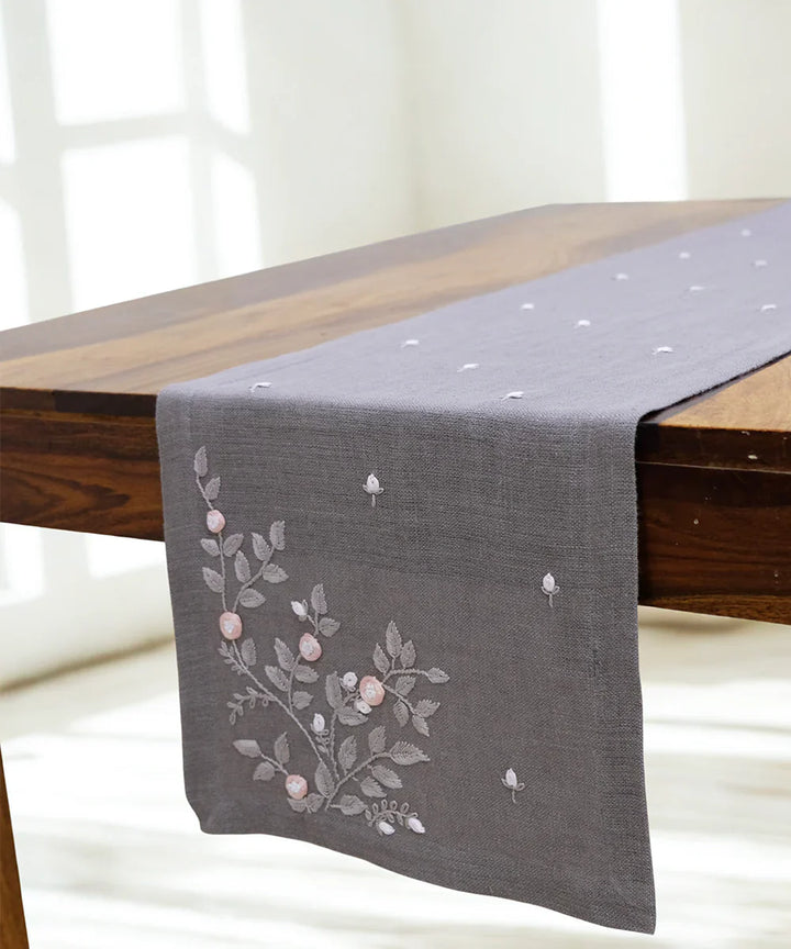 13"x85"  6 Seater Gray Hand Embroidered Pure Linen Dining Table Runner