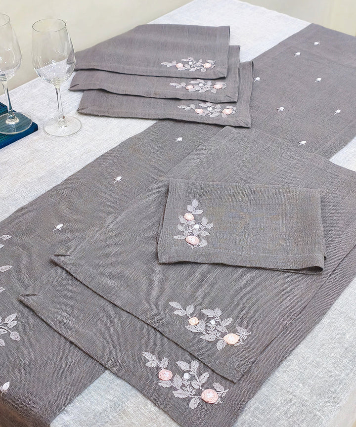 Set of Grey Hand Embroidered Pure Linen 6 seater Table Runner & 6 pcs Table Mats | SHOBITAM