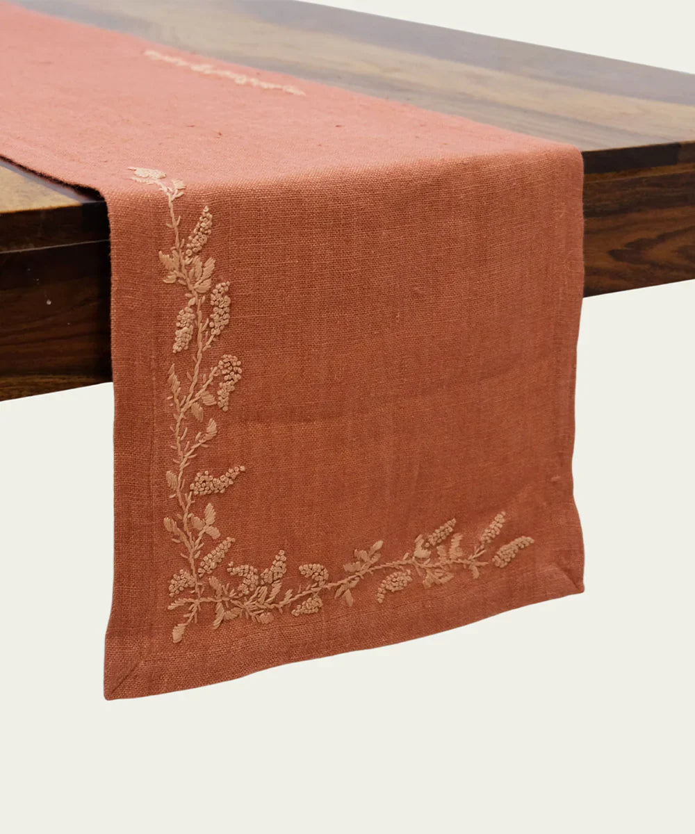 13"x85"  6 Seater Rustic Brown Hand Embroidered Pure Linen Dining Table Runner