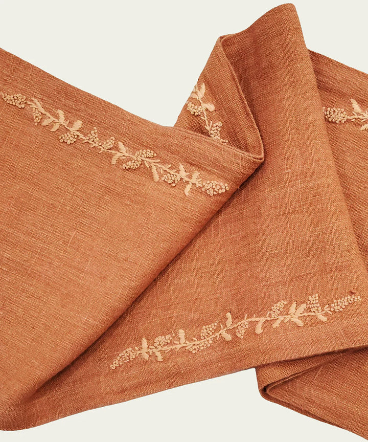13"x85"  6 Seater Rustic Brown Hand Embroidered Pure Linen Dining Table Runner