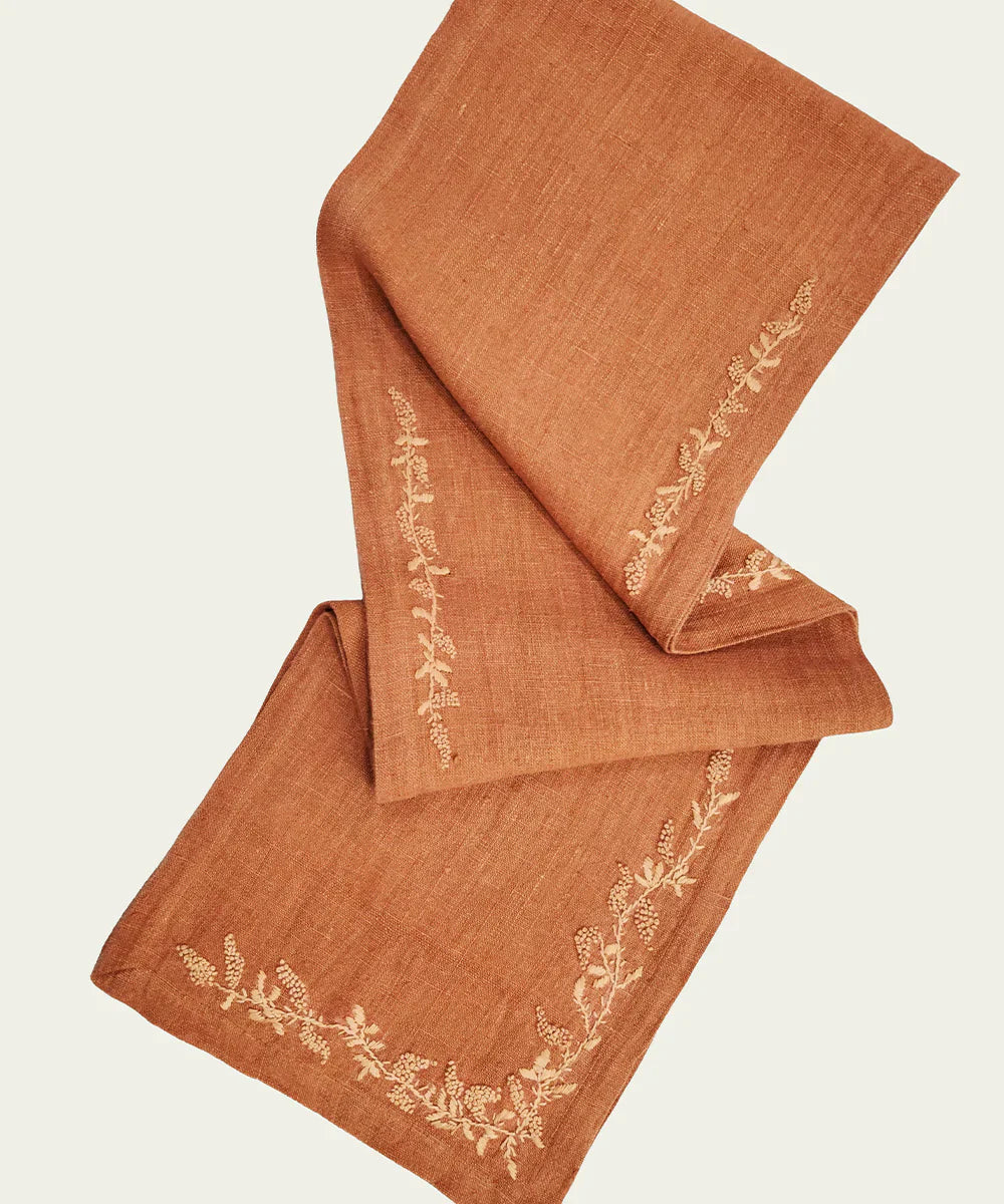 13"x85"  6 Seater Rustic Brown Hand Embroidered Pure Linen Dining Table Runner