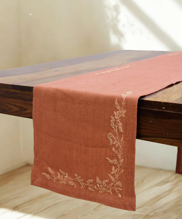 13"x85"  6 Seater Rustic Brown Hand Embroidered Pure Linen Dining Table Runner