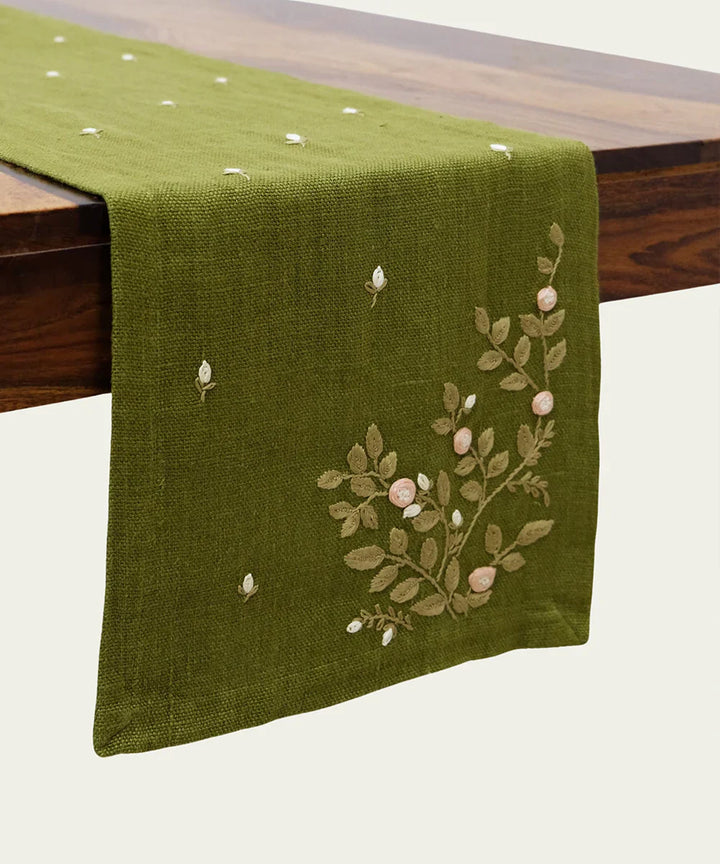13"x85"  6 Seater Olive Hand Embroidered Pure Linen Dining Table Runner