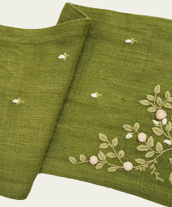 13"x85"  6 Seater Olive Hand Embroidered Pure Linen Dining Table Runner