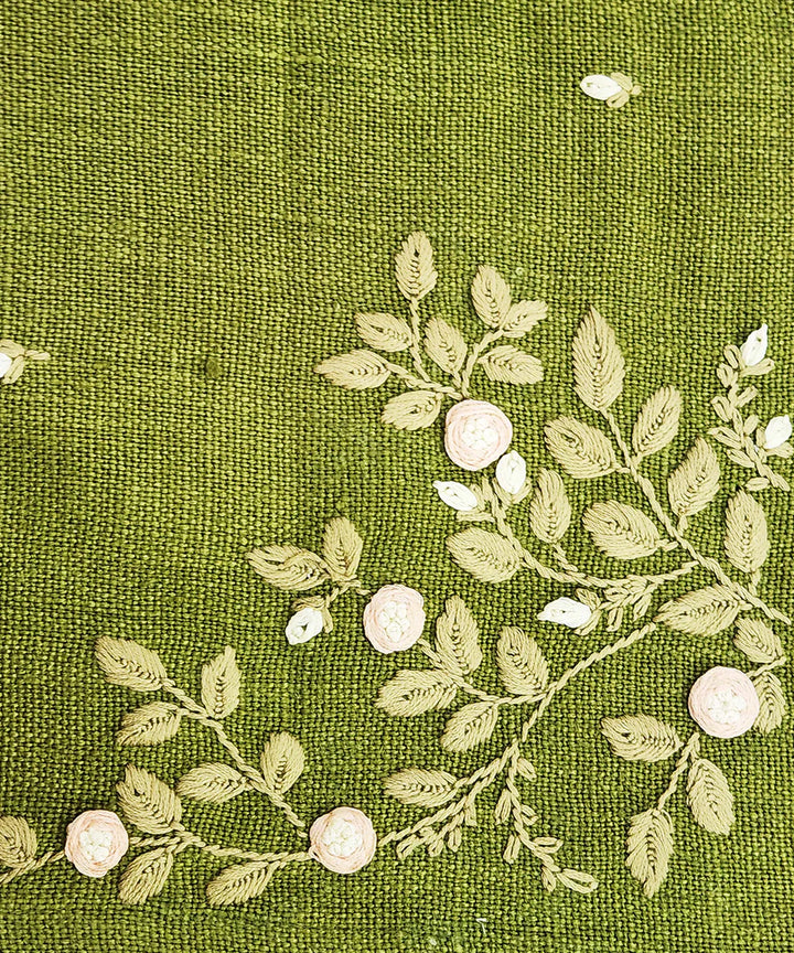 13"x85"  6 Seater Olive Hand Embroidered Pure Linen Dining Table Runner