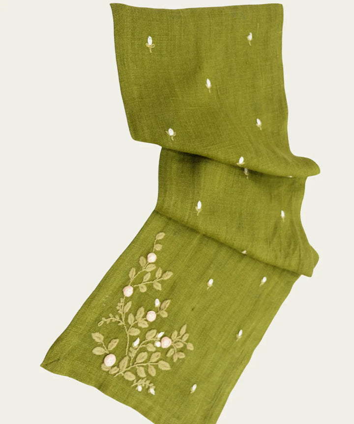 13"x85"  6 Seater Olive Hand Embroidered Pure Linen Dining Table Runner