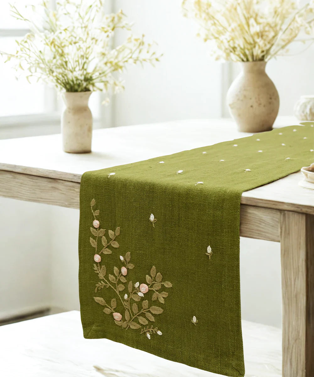13"x85"  6 Seater Olive Hand Embroidered Pure Linen Dining Table Runner
