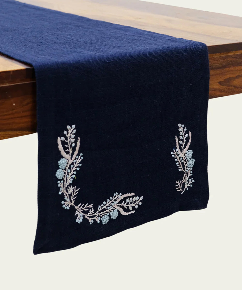 Set of Navy Hand Embroidered Pure Linen Table Runner with 6 pcs Table Mats | SHOBITAM