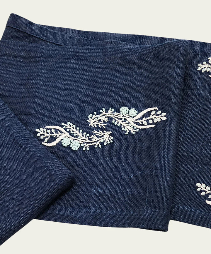 13"x85"  6 Seater Navy Hand Embroidered Pure Linen Dining Table Runner