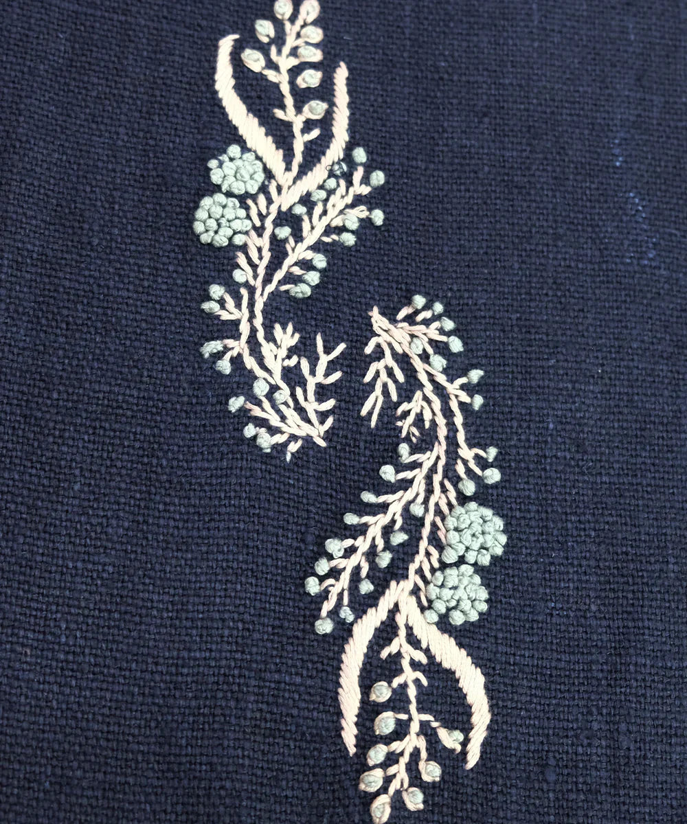 13"x85"  6 Seater Navy Hand Embroidered Pure Linen Dining Table Runner