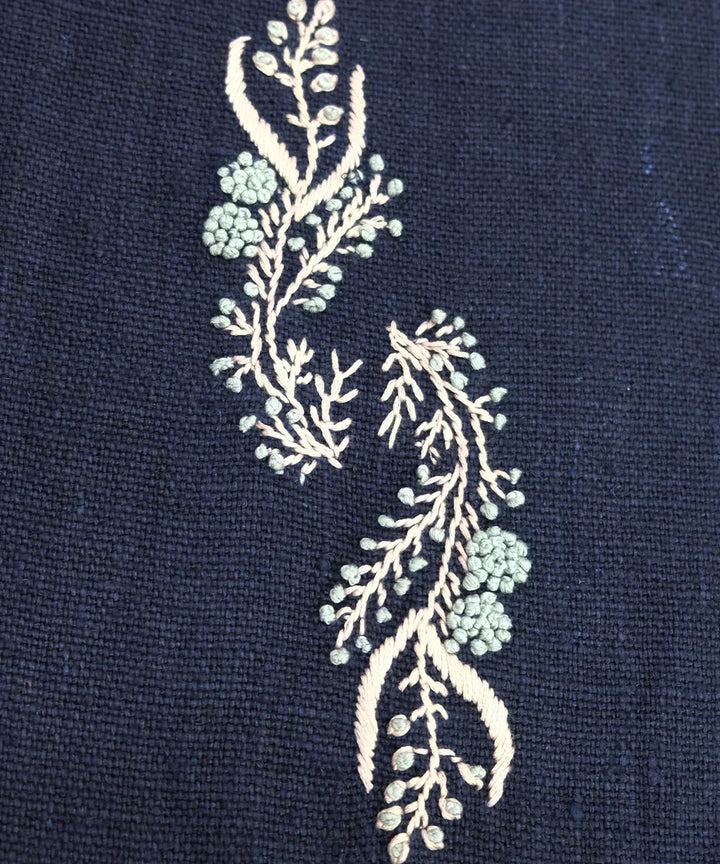 13"x85"  6 Seater Navy Hand Embroidered Pure Linen Dining Table Runner