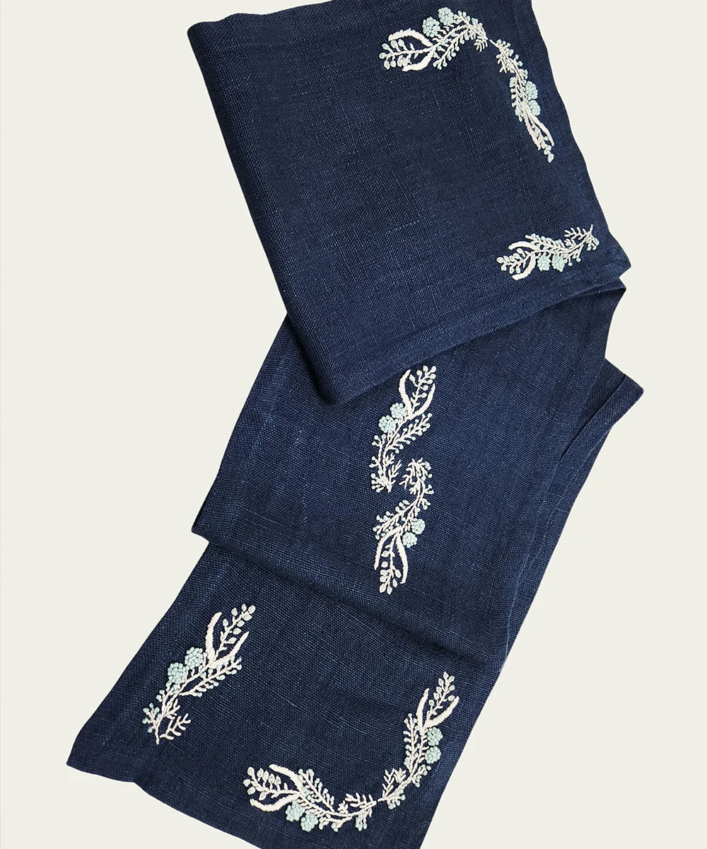 13"x85"  6 Seater Navy Hand Embroidered Pure Linen Dining Table Runner