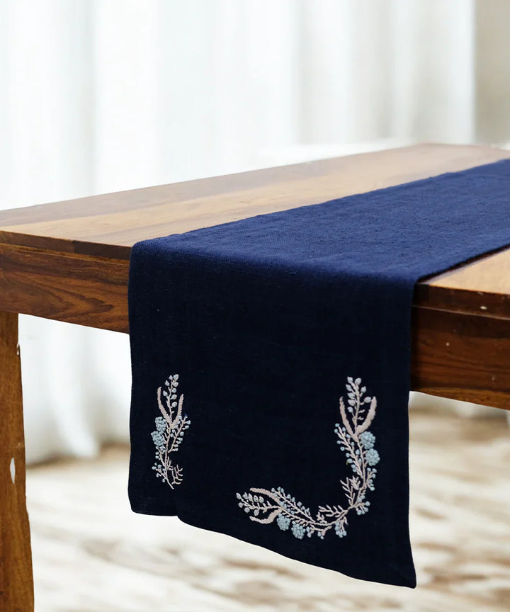 13"x85"  6 Seater Navy Hand Embroidered Pure Linen Dining Table Runner