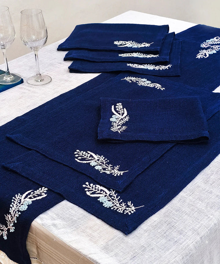 Set of Navy Hand Embroidered Pure Linen Table Runner with 6 pcs Table Mats | SHOBITAM