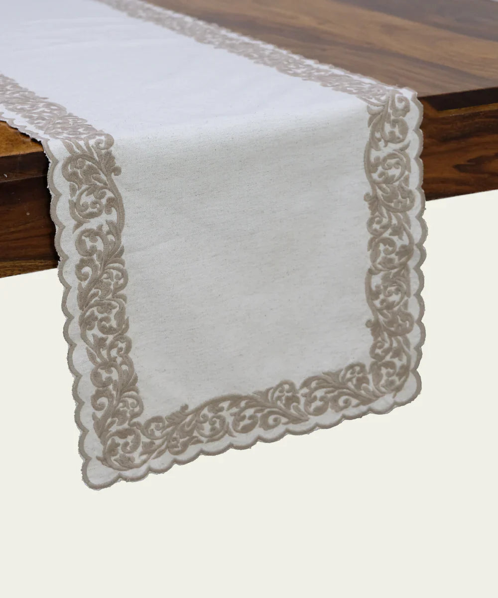 6 Seater Natural Cotton Flex Cutwork Embroidered Table Runner (13"x78") | SHOBITAM
