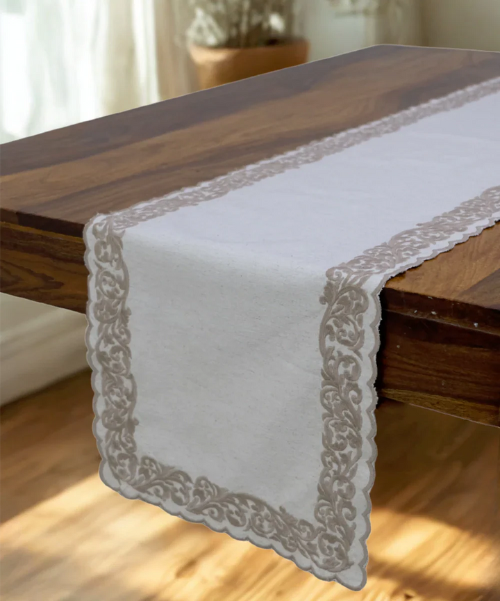 6 Seater Natural Cotton Flex Cutwork Embroidered Table Runner (13"x78") | SHOBITAM