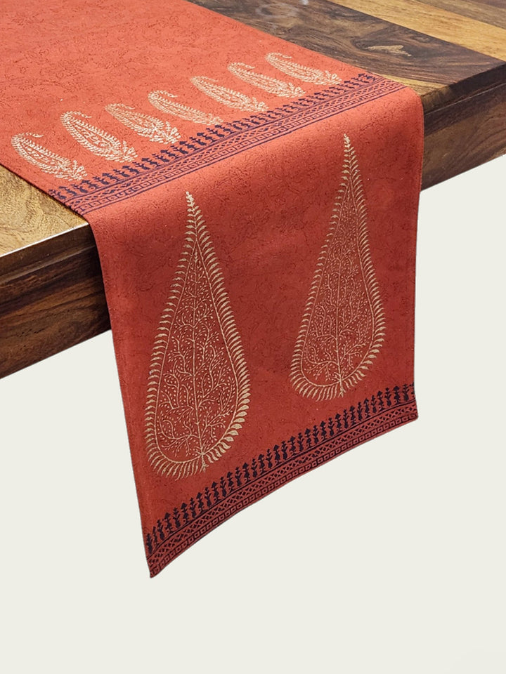82 x 13 Burnt Orange Hand Block Printed Cotton Canvas Table Runner