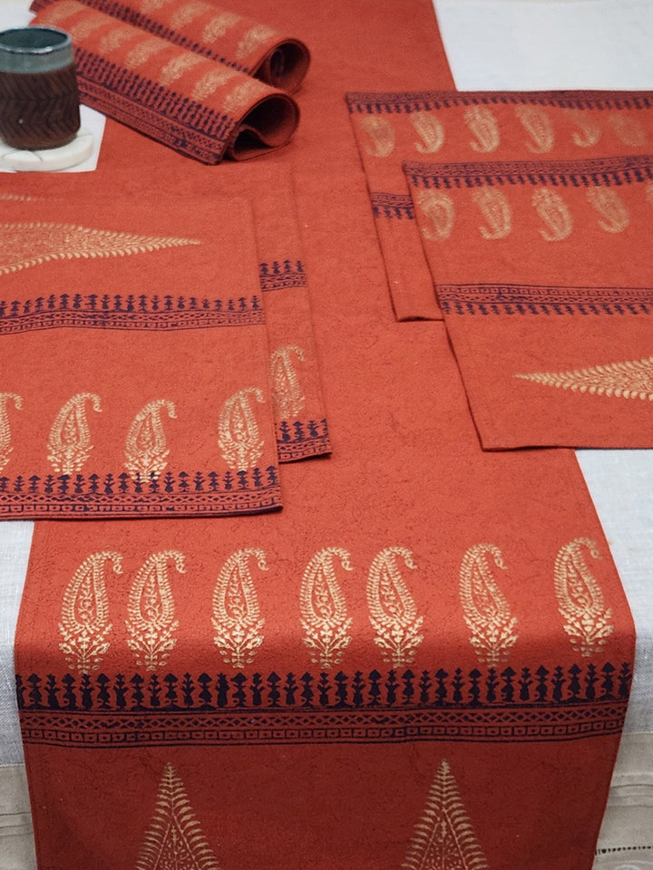 82 x 13 Burnt Orange Hand Block Printed Cotton Canvas Table Runner
