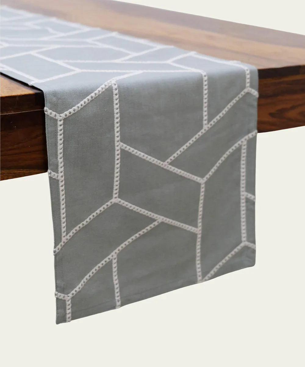 6 seater Greenish Grey Geo Embroidered Cotton Table Runner | SHOBITAM