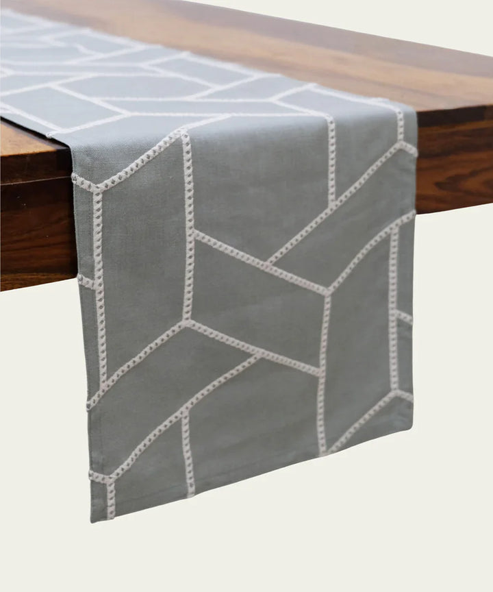 6 seater Greenish Grey Geo Embroidered Cotton Table Runner | SHOBITAM