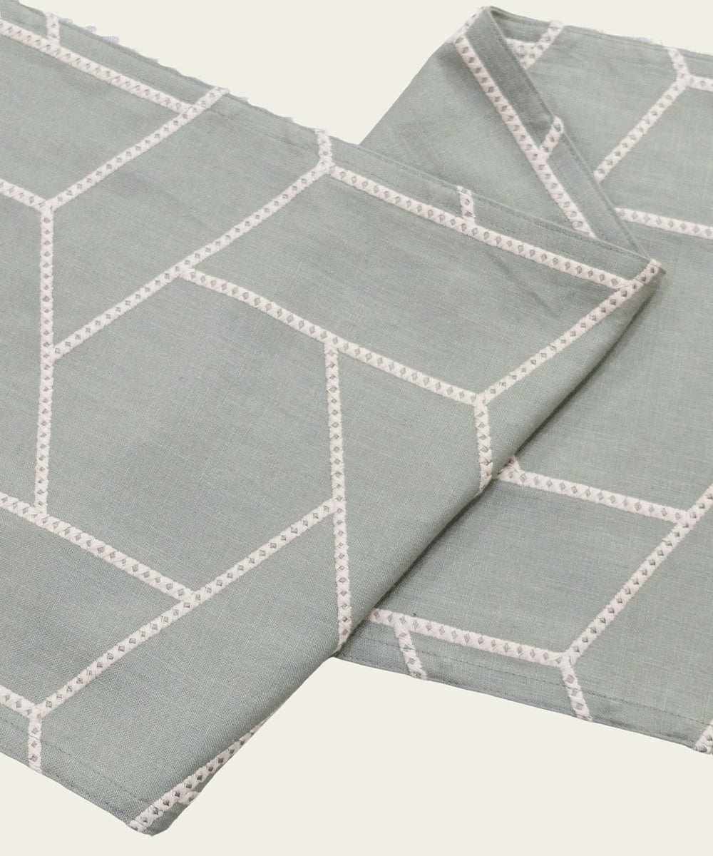6 seater Greenish Grey Geo Embroidered Cotton Table Runner | SHOBITAM
