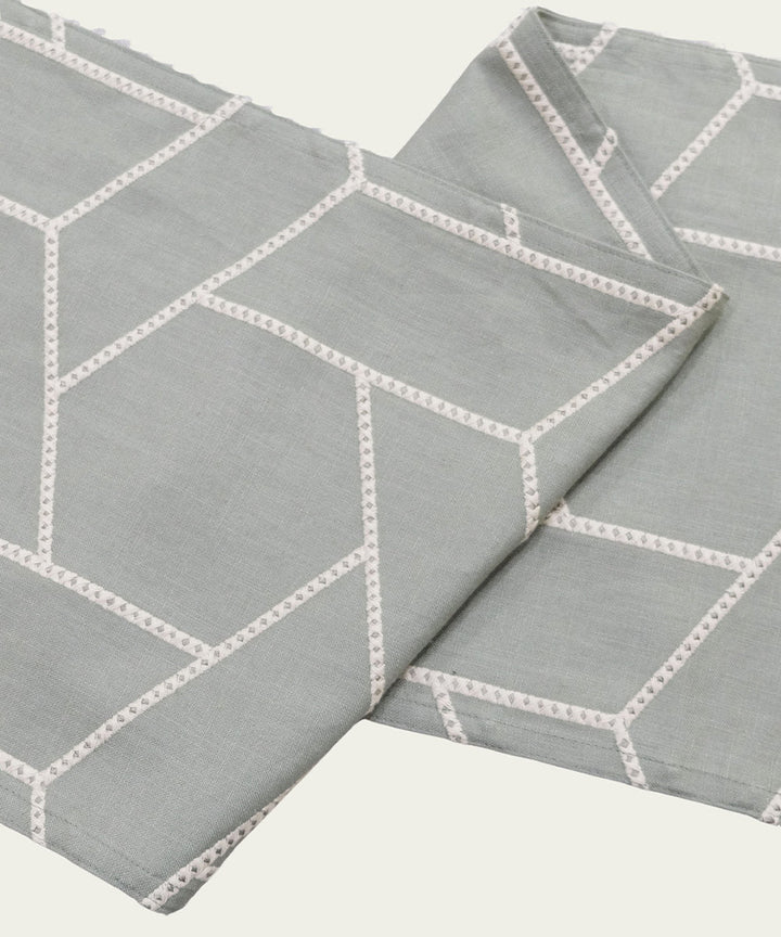 6 seater Greenish Grey Geo Embroidered Cotton Table Runner | SHOBITAM