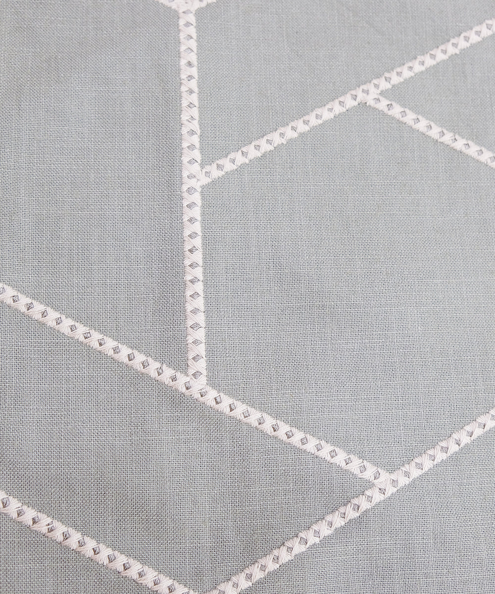 6 seater Greenish Grey Geo Embroidered Cotton Table Runner | SHOBITAM