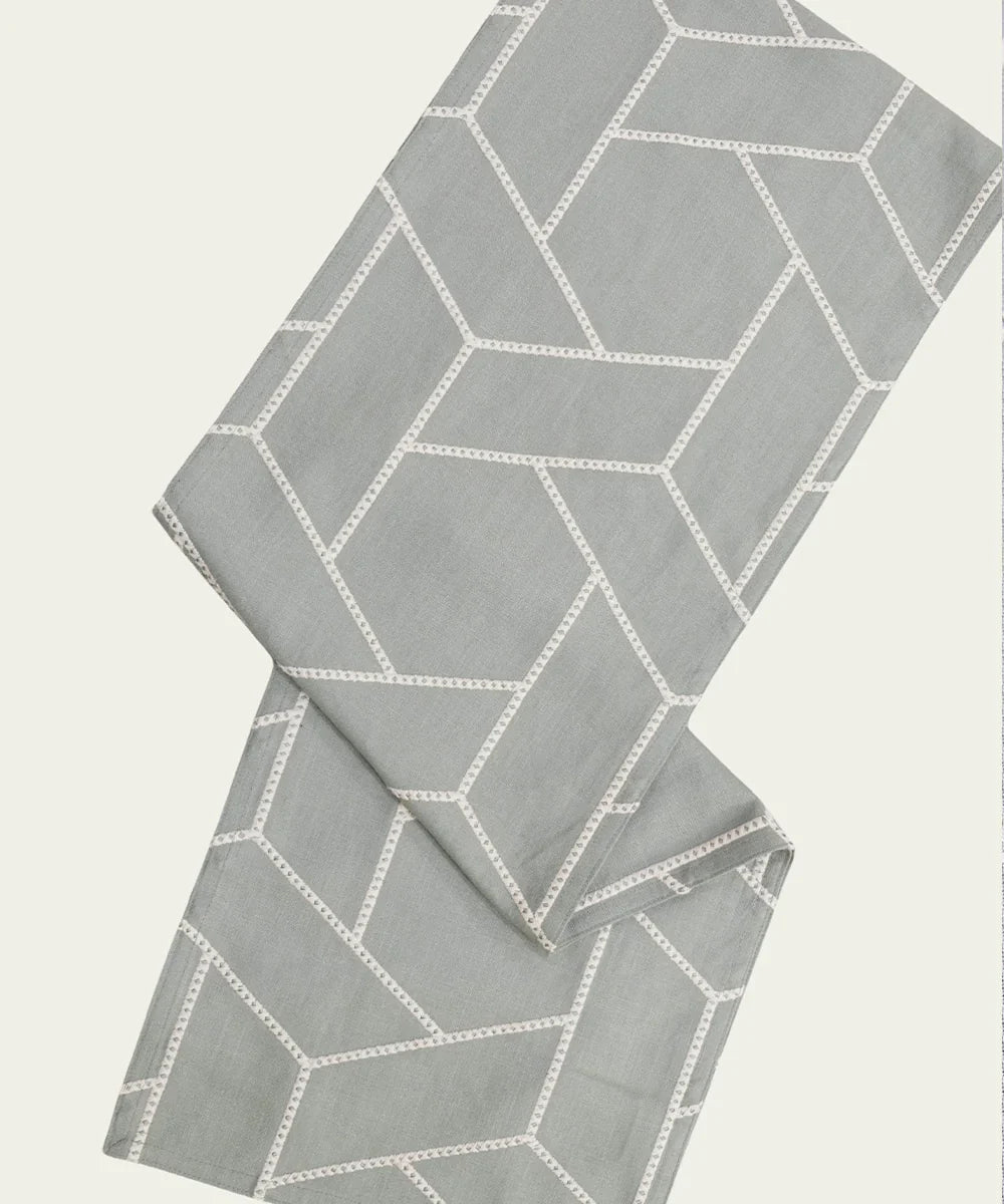 6 seater Greenish Grey Geo Embroidered Cotton Table Runner | SHOBITAM