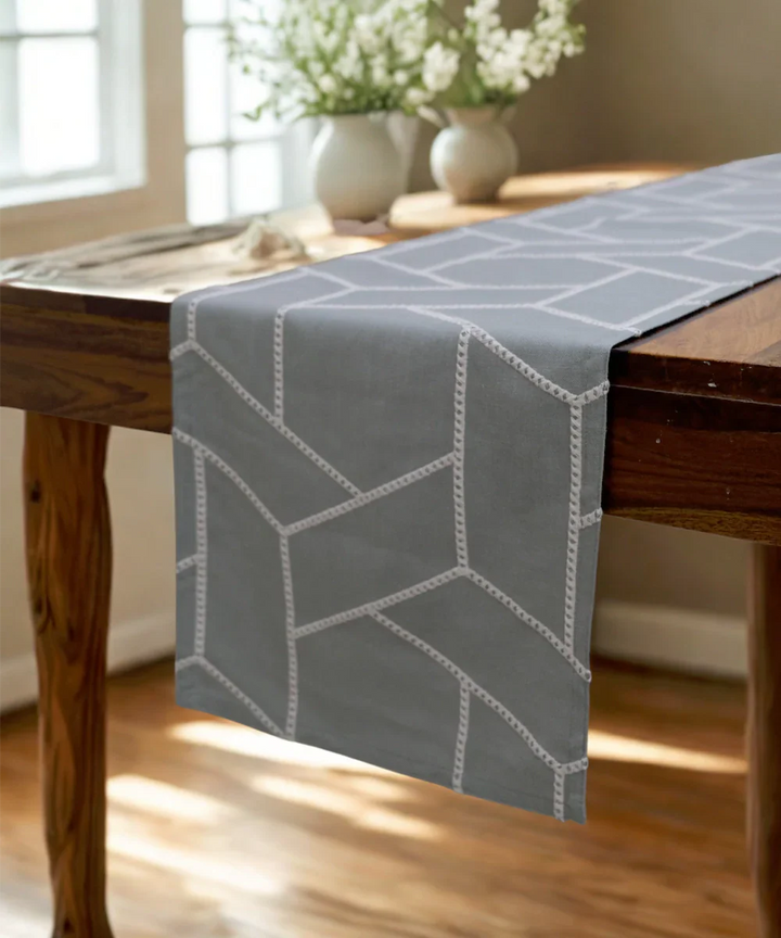 6 seater Greenish Grey Geo Embroidered Cotton Table Runner | SHOBITAM