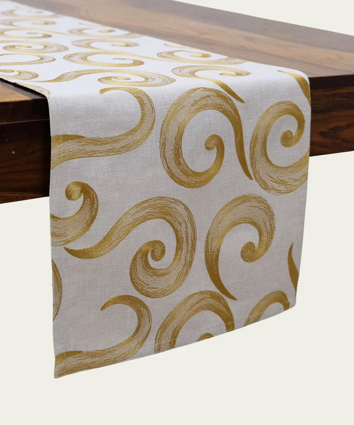 6 seater Beige & Mustard Swirl Embroidered Cotton Table Runner | SHOBITAM
