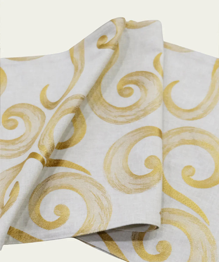 6 seater Beige & Mustard Swirl Embroidered Cotton Table Runner | SHOBITAM