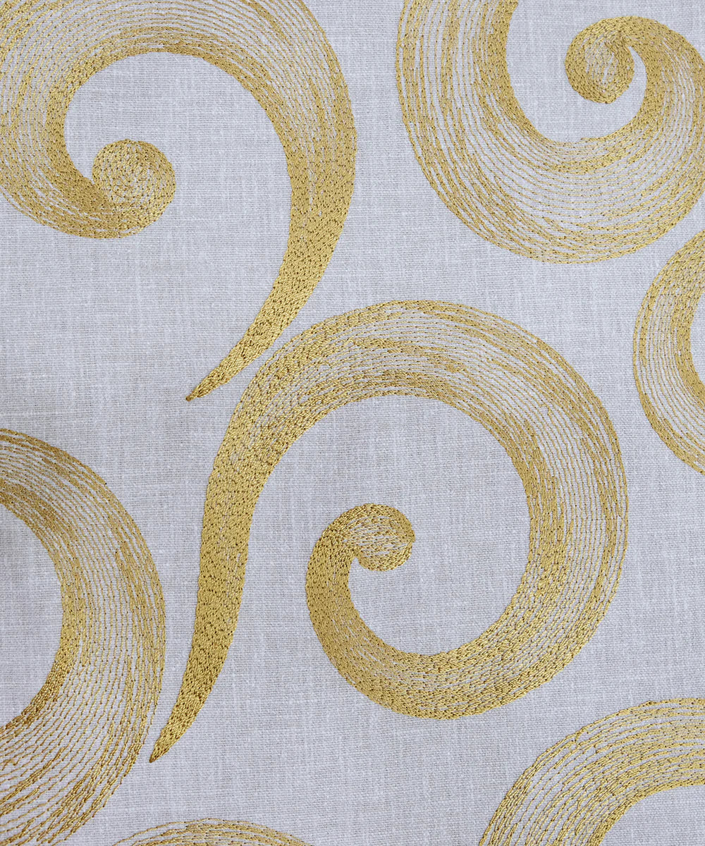 6 seater Beige & Mustard Swirl Embroidered Cotton Table Runner | SHOBITAM