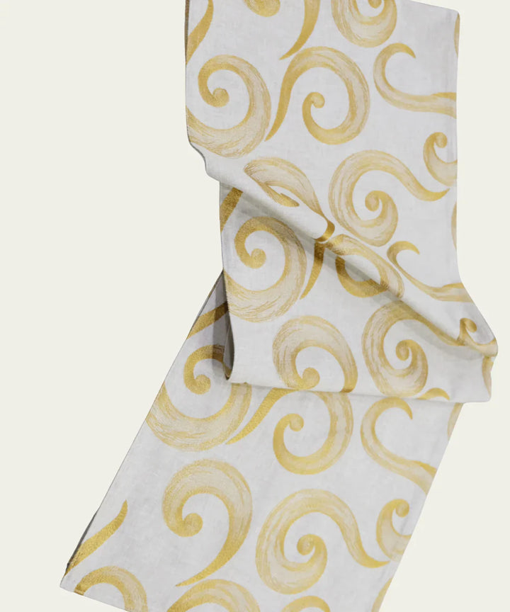 6 seater Beige & Mustard Swirl Embroidered Cotton Table Runner | SHOBITAM