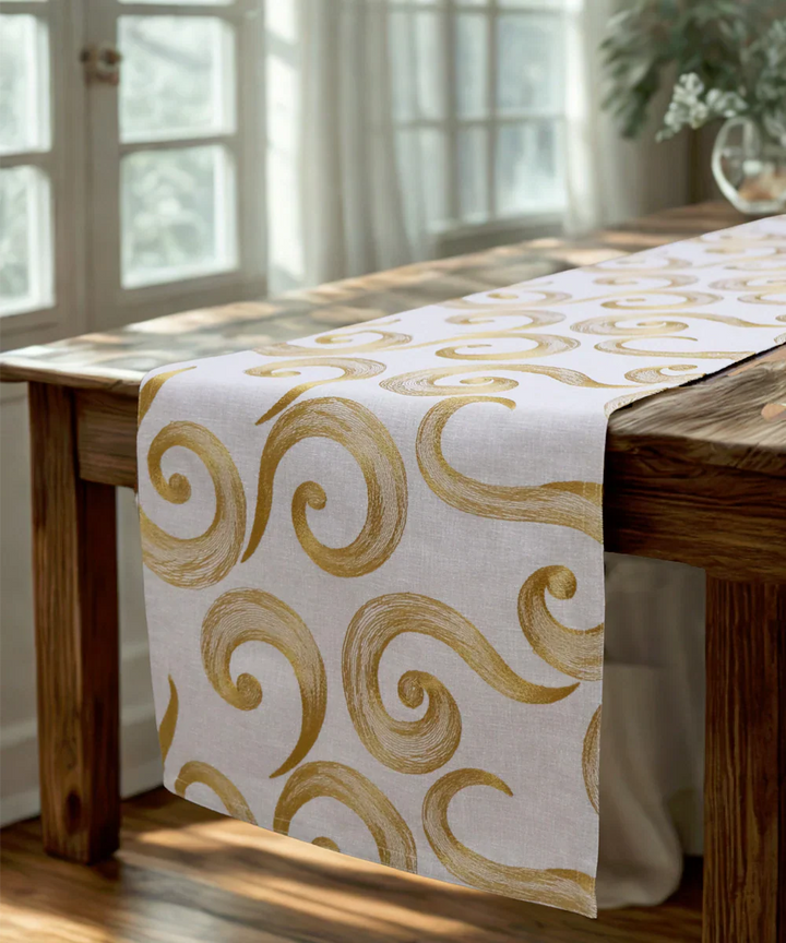 6 seater Beige & Mustard Swirl Embroidered Cotton Table Runner | SHOBITAM